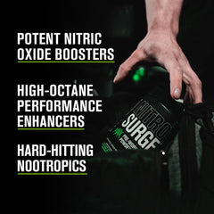 Nitrosurge Max electric blue raspberry label on a sleek pre-workout tub.