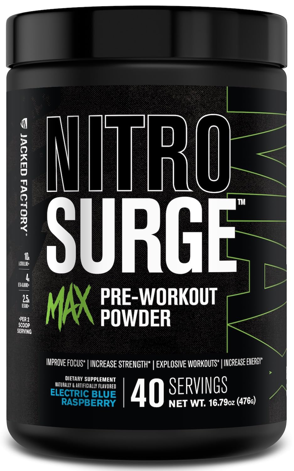 Jacked Factory Nitrosurge Max electric blue raspberry powder for focused training.