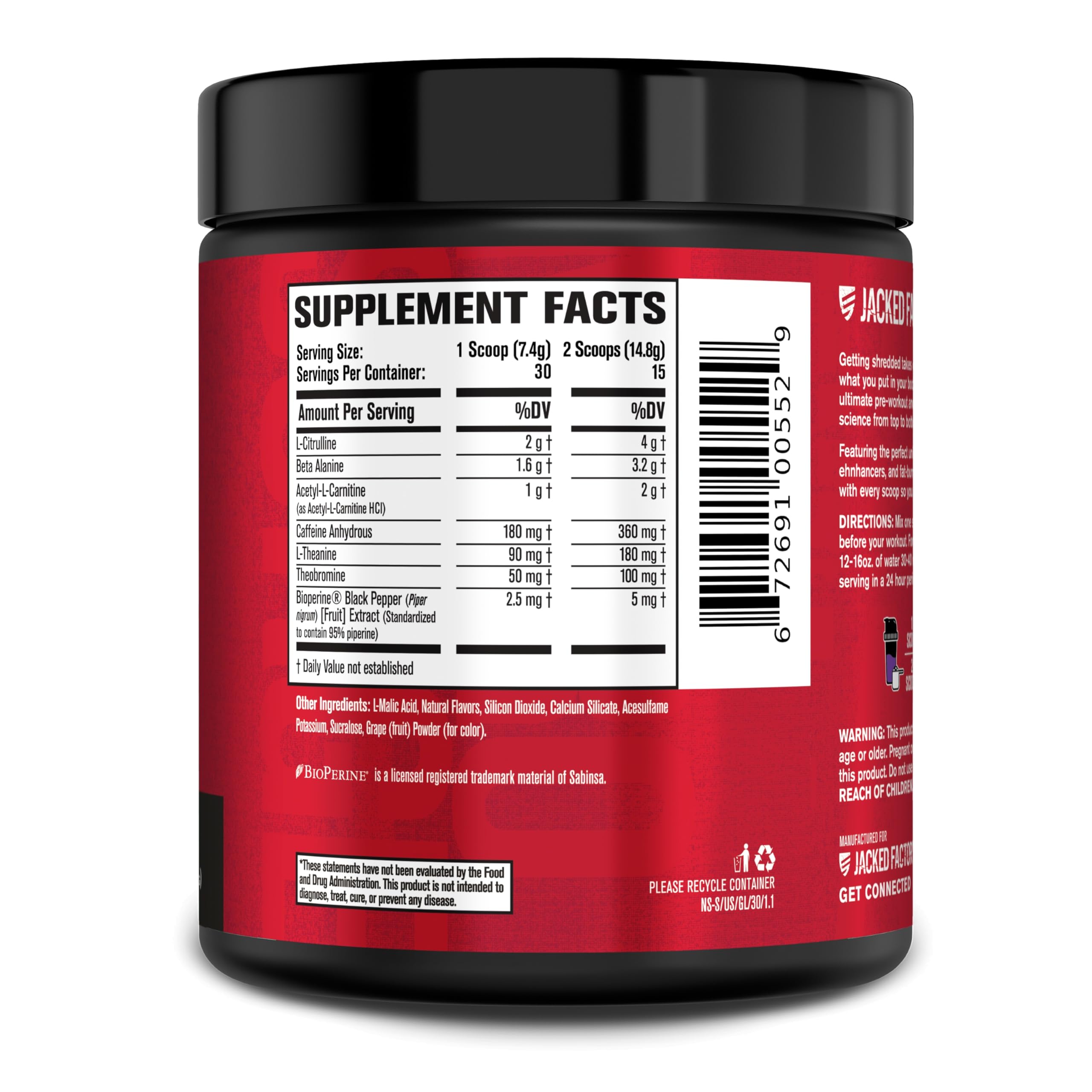 Nutrition facts panel detail on NITROSURGE Shred label for smart use.