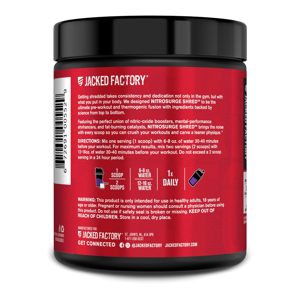 Serving scoop on a gym bench, ready to dose with NITROSURGE Shred.