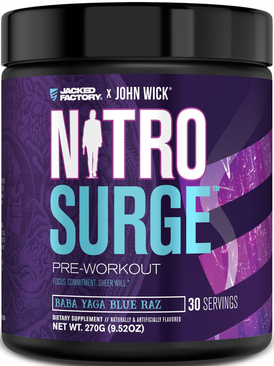 Jacked Factory Nitrosurge Wick blue raz bottle showcases high-energy formula for workouts.