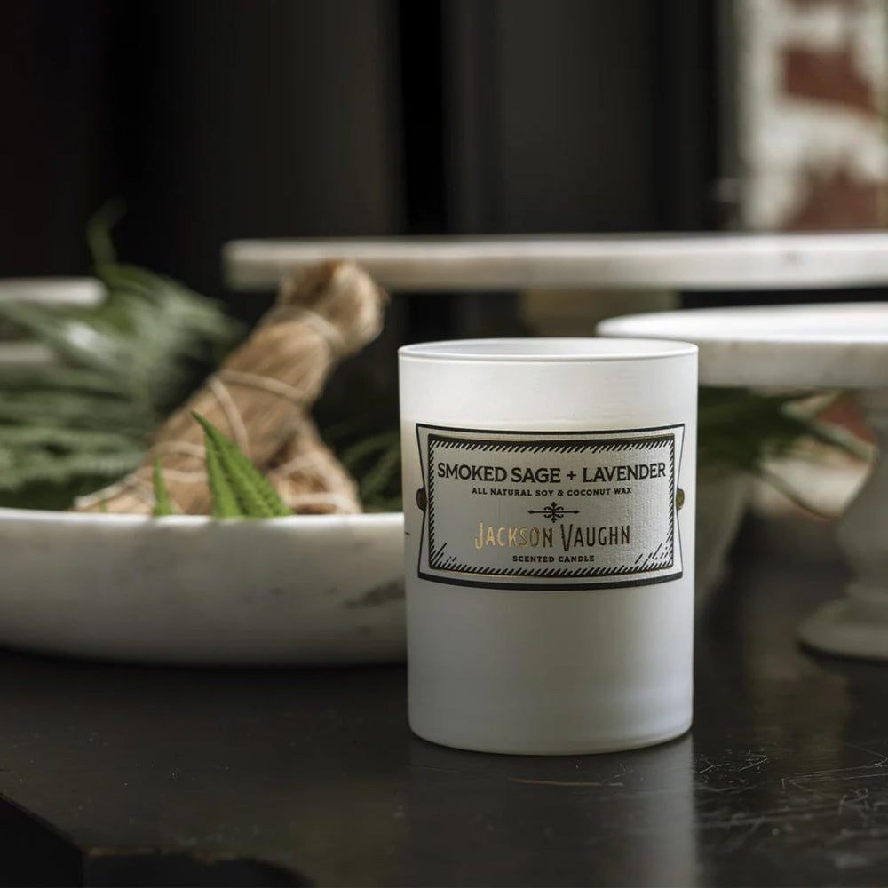 Jackson Vaughn 13.5oz candle with cotton wick for clean burn