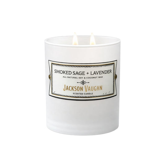 Jackson Vaughn Daily Rituals candle in frosted jar with smoked-sage lavender aroma
