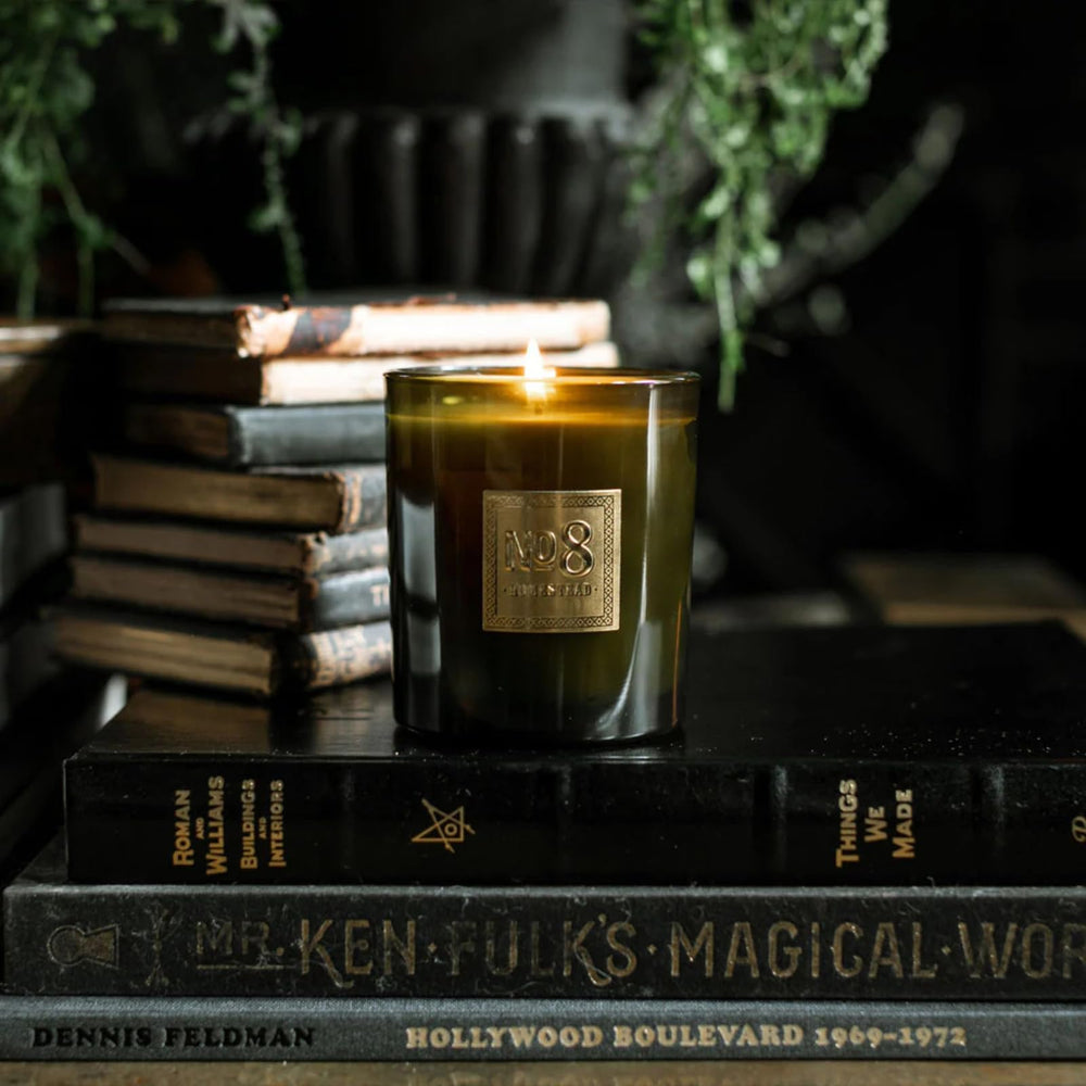 Jackson Vaughn No. 8 hand-poured ginger candle in glass vessel showing clean burn and modern style.
