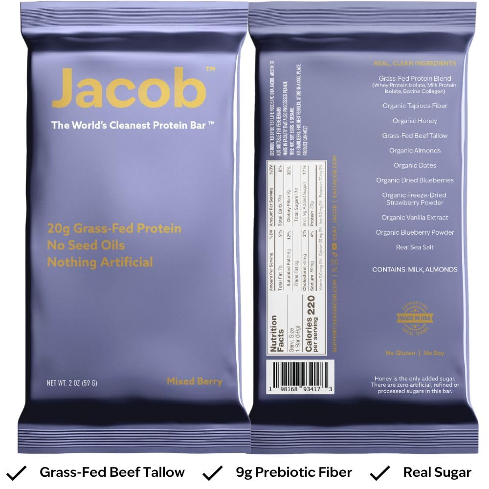 Jacob Bar Mixed Berry front view highlights wholesome ingredients and no seed oils.