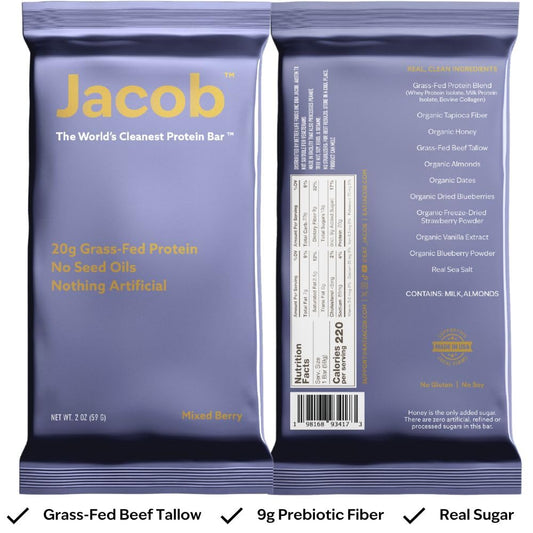 Jacob Bar Mixed Berry front view highlights wholesome ingredients and no seed oils.