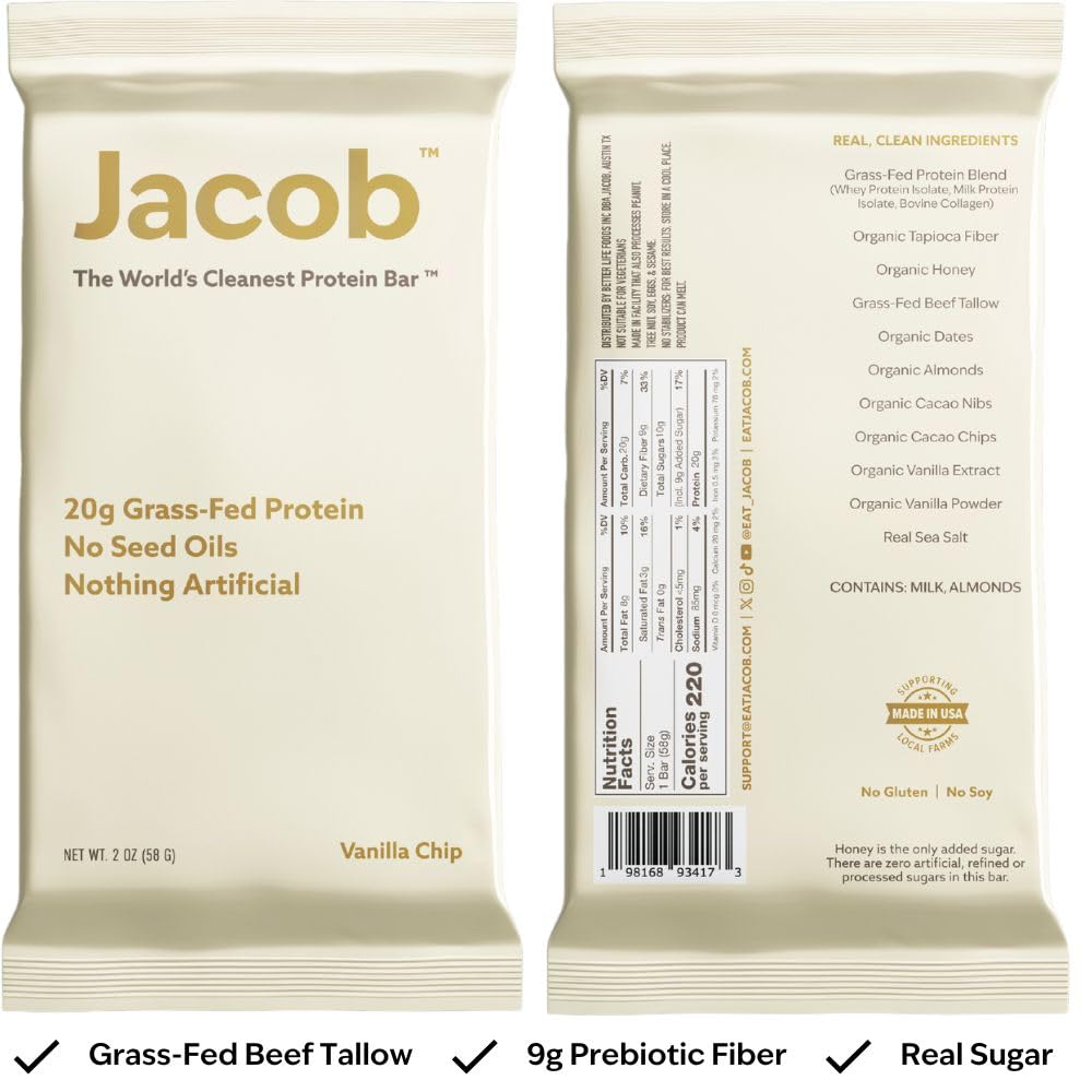 Jacob Bar Vanilla nutrition panel close-up highlighting 20g grass-fed protein per bar.