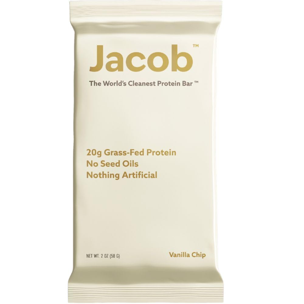 Jacob Bar Vanilla packaging close-up showing clean ingredients for a quick protein boost.