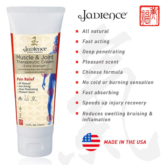 JADIENCE Muscle & Joint Cream bottle label view highlighting natural formula benefits.