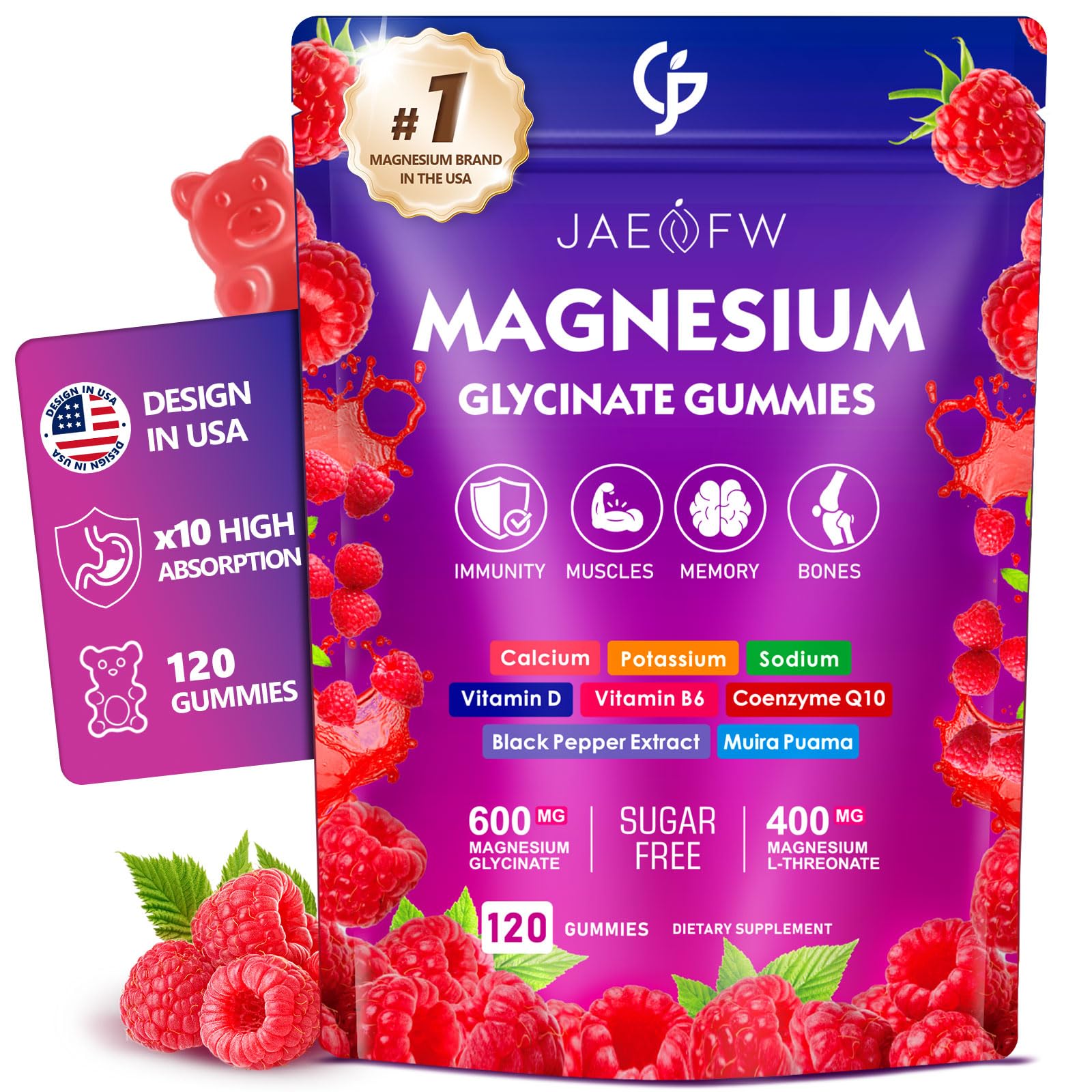 JAENFW magnesium glycinate gummies 1000mg bottle front for daily energy and focus
