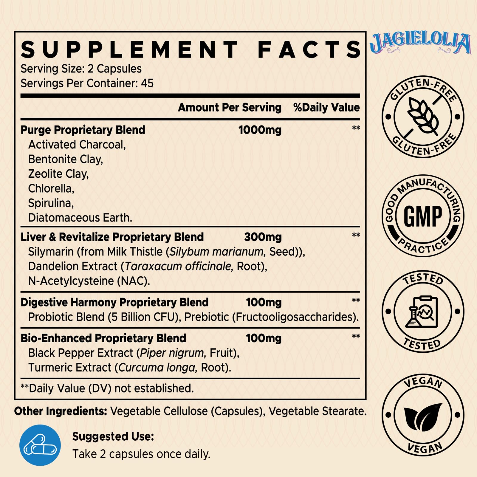 Jagielolia Detox Binder capsules close-up — high bioavailability formula for efficient nutrient absorption.