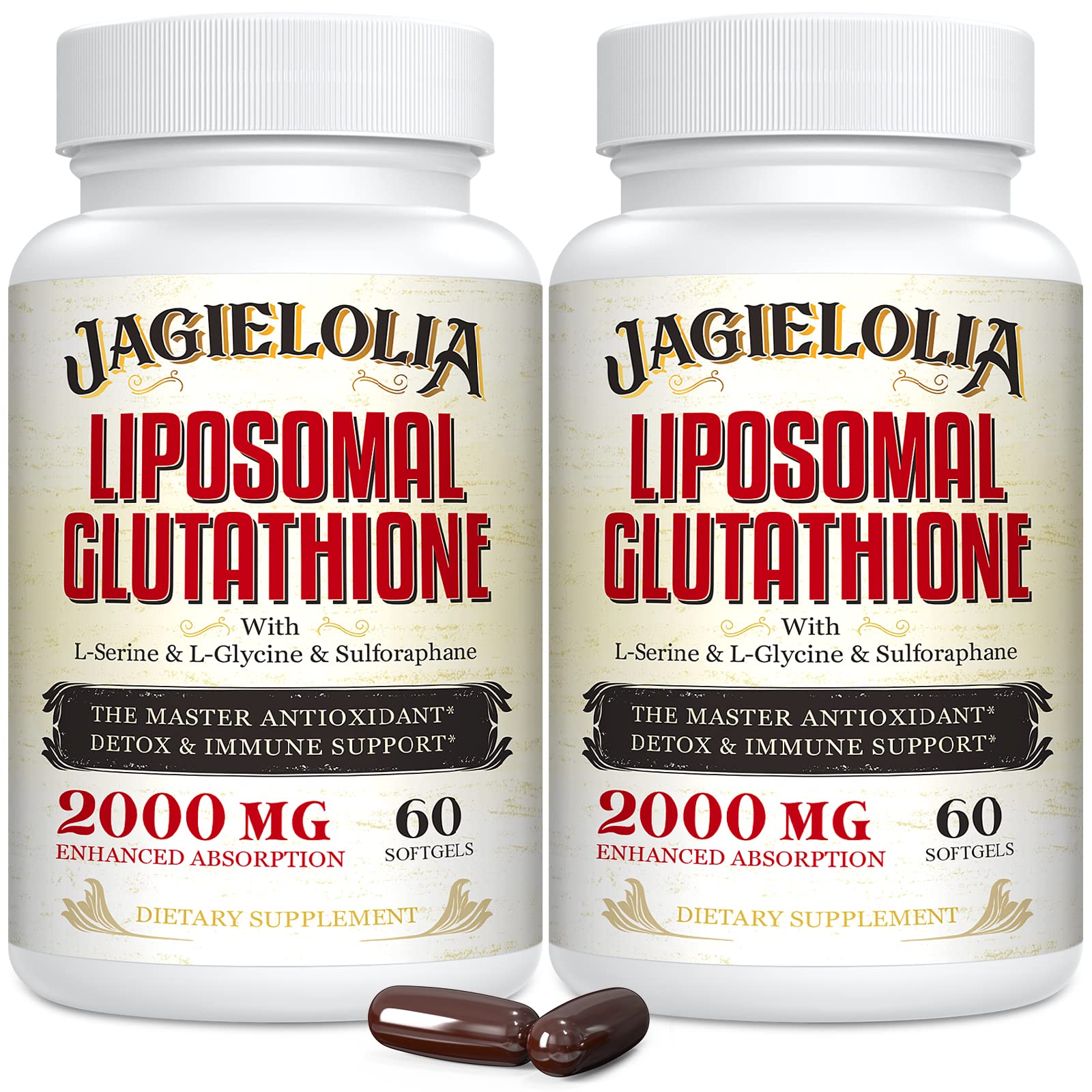 Jagielolia liposomal glutathione 2000mg bottle label highlights antioxidant support.