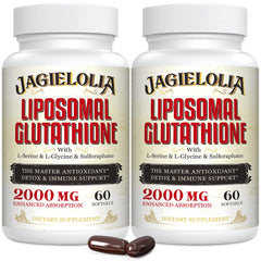 Jagielolia liposomal glutathione 2000mg bottle label highlights antioxidant support.