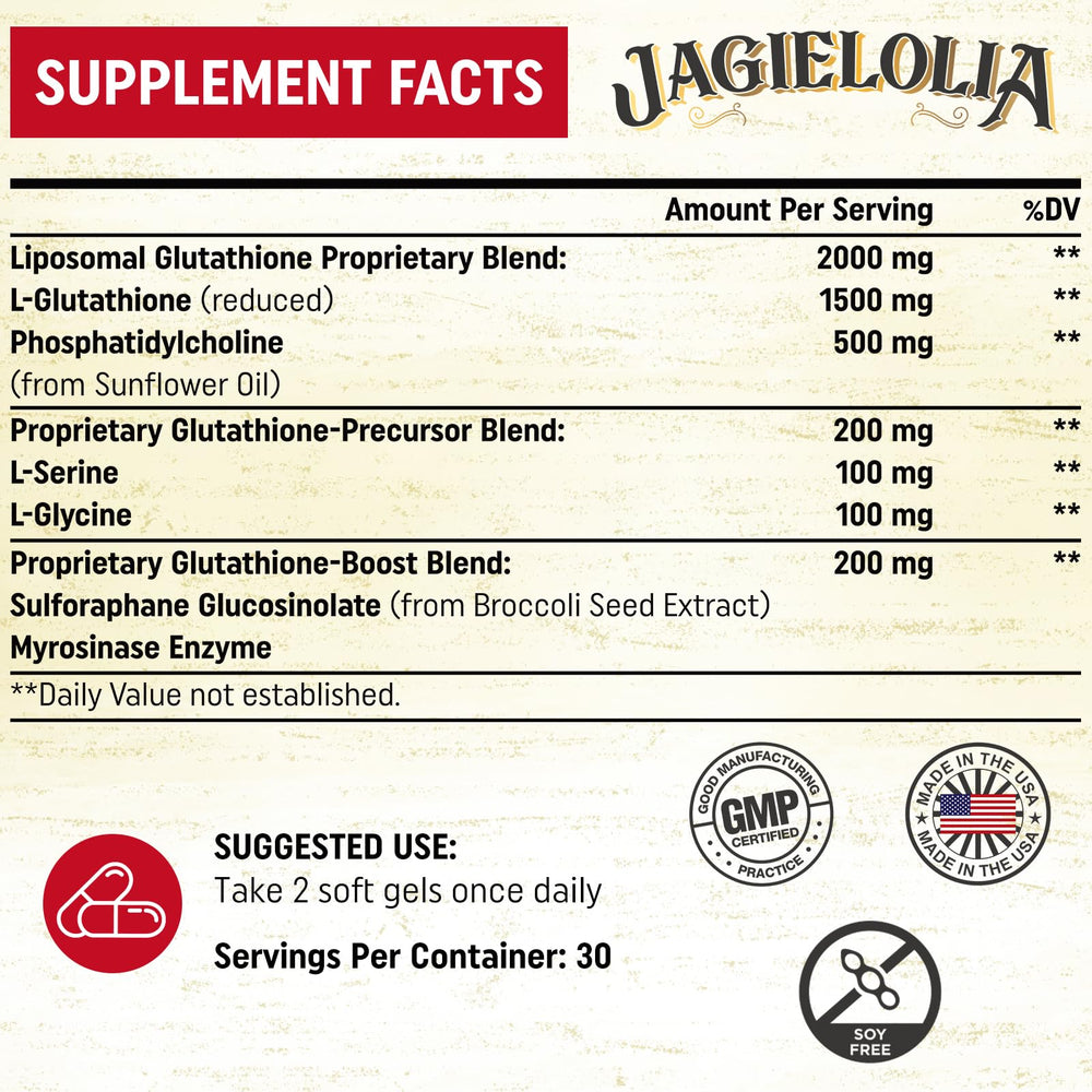 Close-up of Jagielolia liposomal glutathione softgels for daily wellness.
