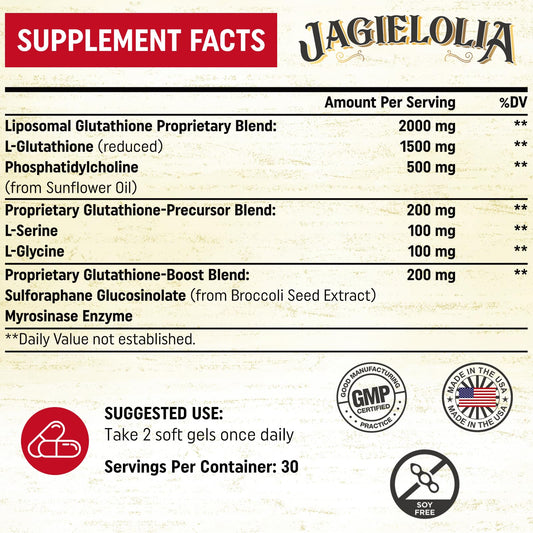 Close-up of Jagielolia liposomal glutathione softgels for daily wellness.