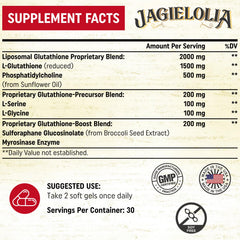 Close-up of Jagielolia liposomal glutathione softgels for daily wellness.