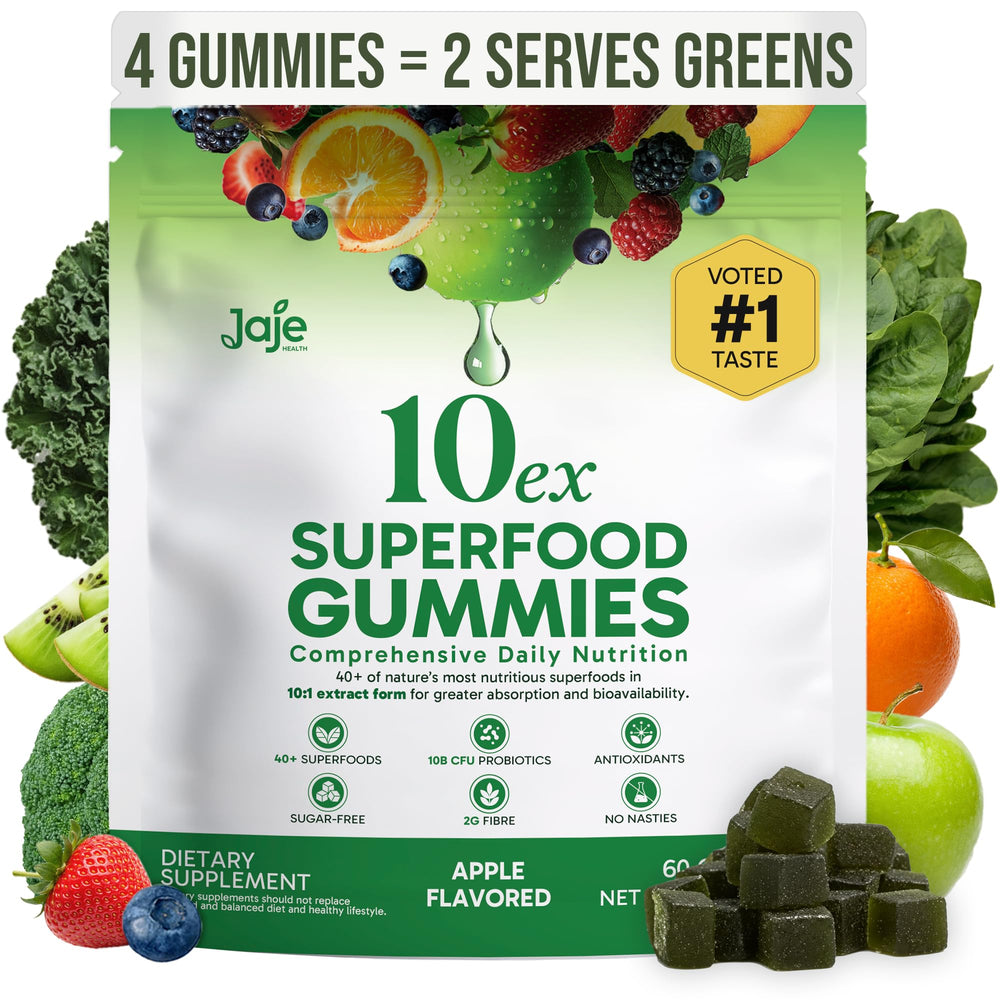 Jaje Health 10ex Supergreens Gummies bottle with 40 superfoods for daily energy.