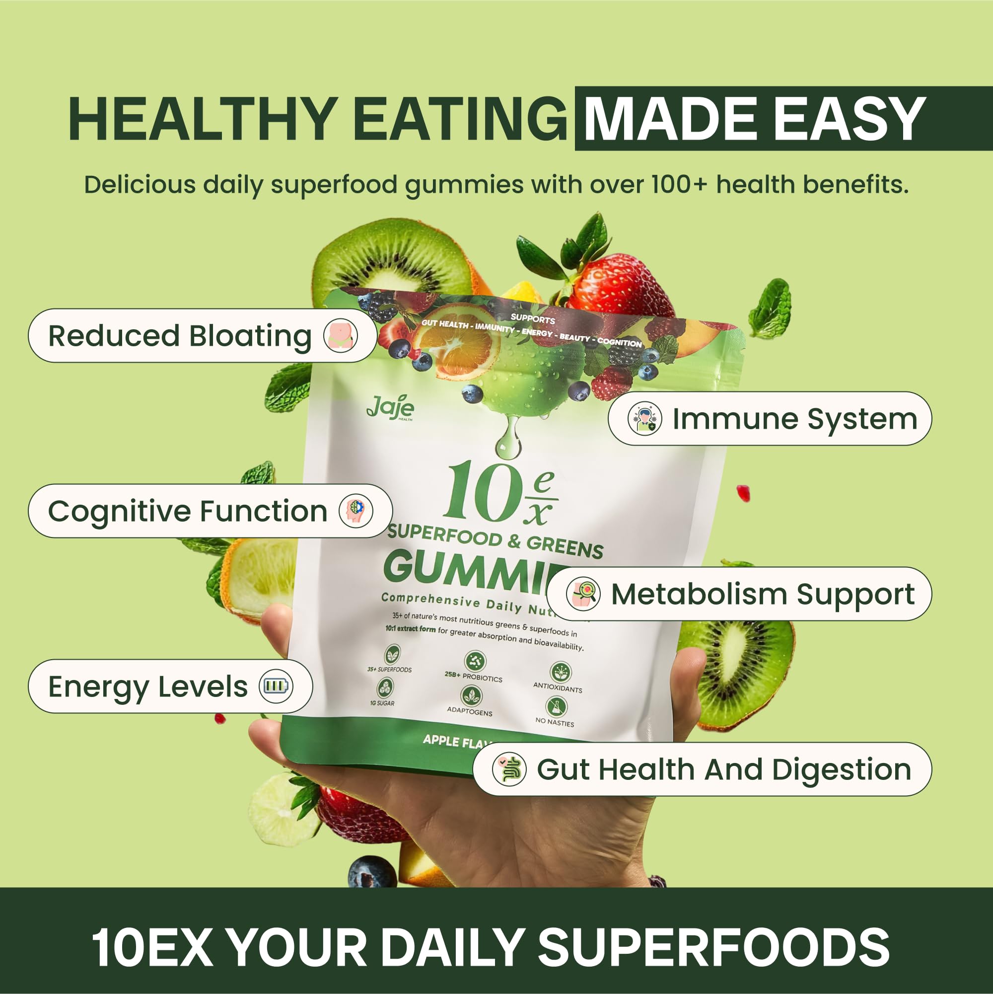 Jaje Health 10ex gummies closed pack highlights 10x nutrient strength.