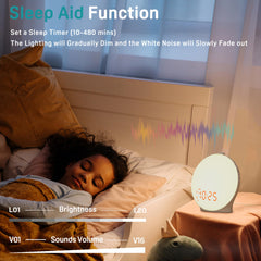 JALL sunrise alarm clock showing 17 color lights for calming bedroom ambience.