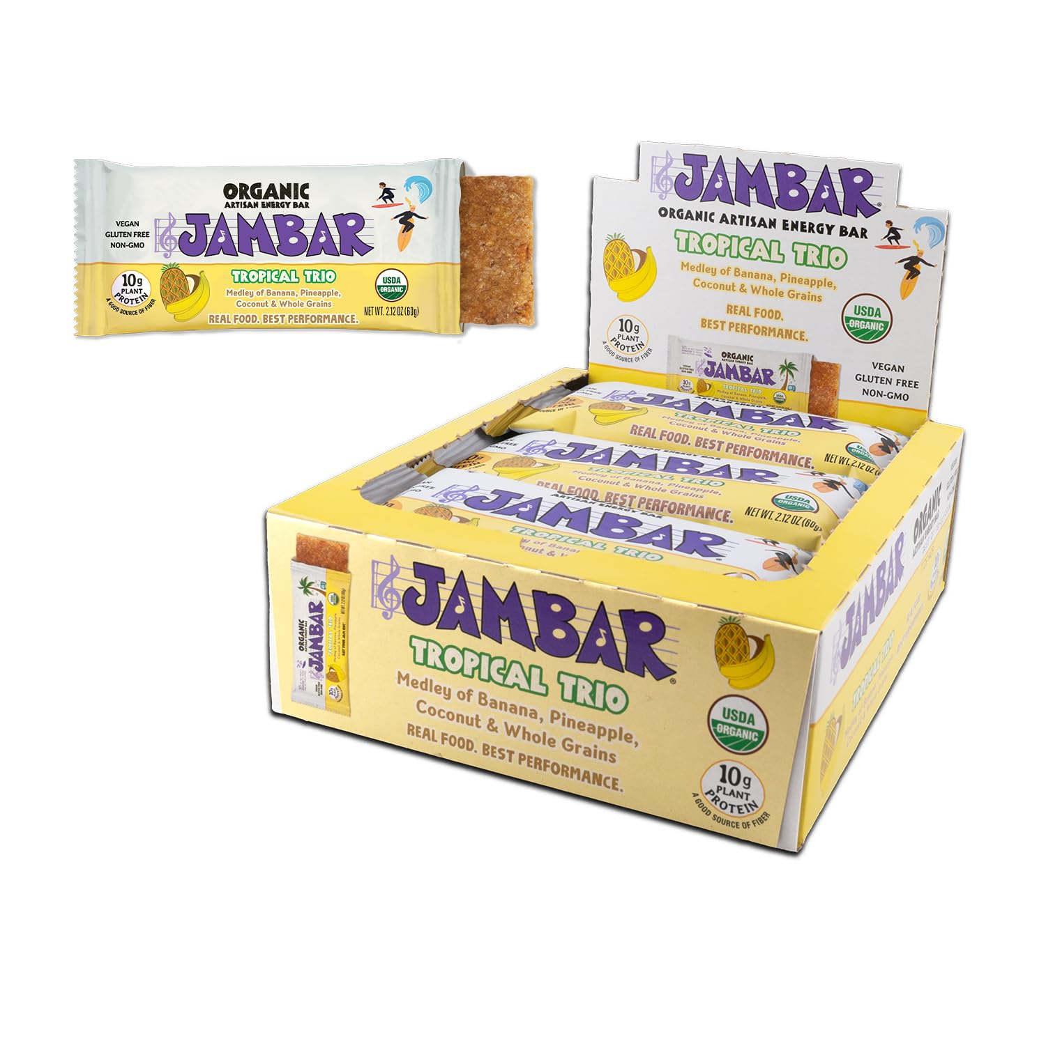 JAMBAR Tropical Trio 12-pack packaging showcasing vibrant organic energy bars for on-the-go snacking.