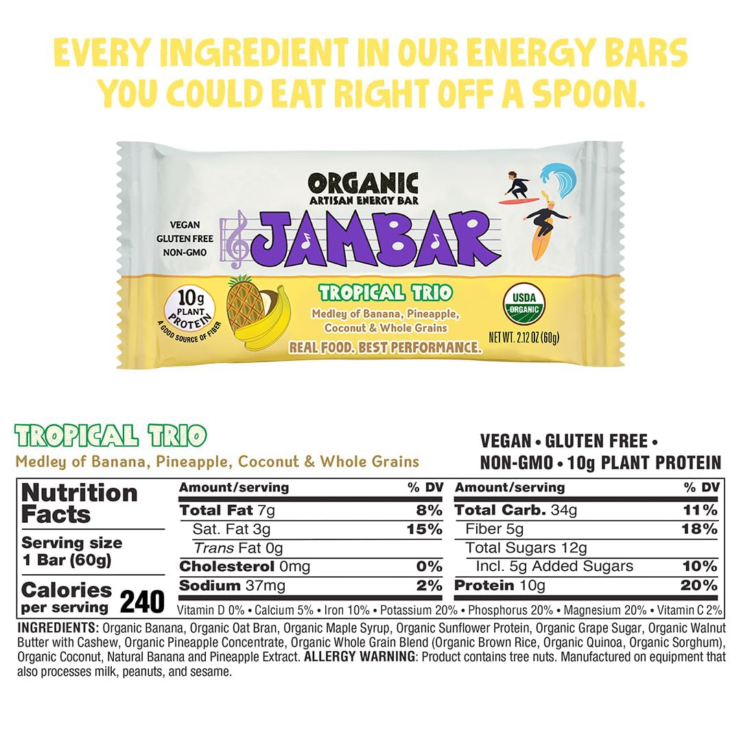 Close-up of JAMBAR ingredients highlighting banana, pineapple and coconut for a tropical flavor.