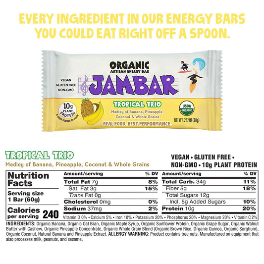 Close-up of JAMBAR ingredients highlighting banana, pineapple and coconut for a tropical flavor.
