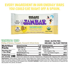 Close-up of JAMBAR ingredients highlighting banana, pineapple and coconut for a tropical flavor.