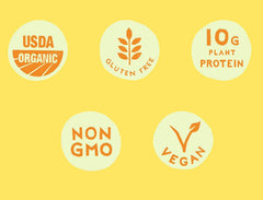 Packaging highlights vegan and gluten-free certifications and plant protein.
