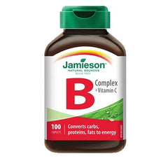 Jamieson B Complex with Vitamin C caplets bottle; supports energy metabolism and immune health.