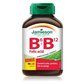 Jamieson B6 + B12 and Folic Acid bottle pour supports daily energy metabolism.