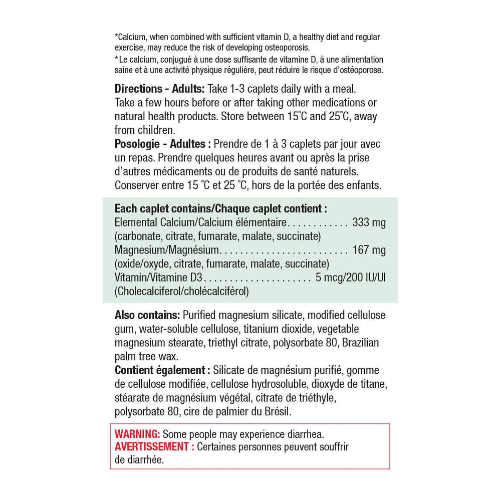 Jamieson calcium magnesium vitamin D3 tablets bottle side shows dosage options for daily supplementation.