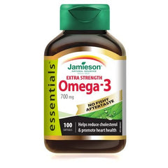 Jamieson Omega-3 Extra Strength bottle with no fishy aftertaste.
