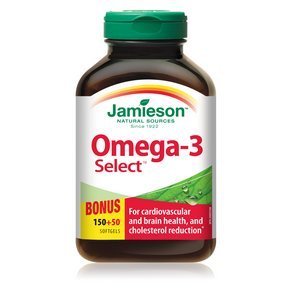 Jamieson Omega-3 Select 1000mg bottle, easy-to-swallow softgels for daily use
