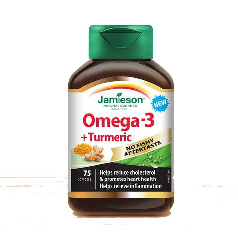 Jamieson Omega-3 + Turmeric bottle pour showing convenient daily use and lemon flavor