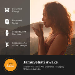 JAMUSEHATI Awake ingredients flat lay highlighting organic, fair-trade superfoods