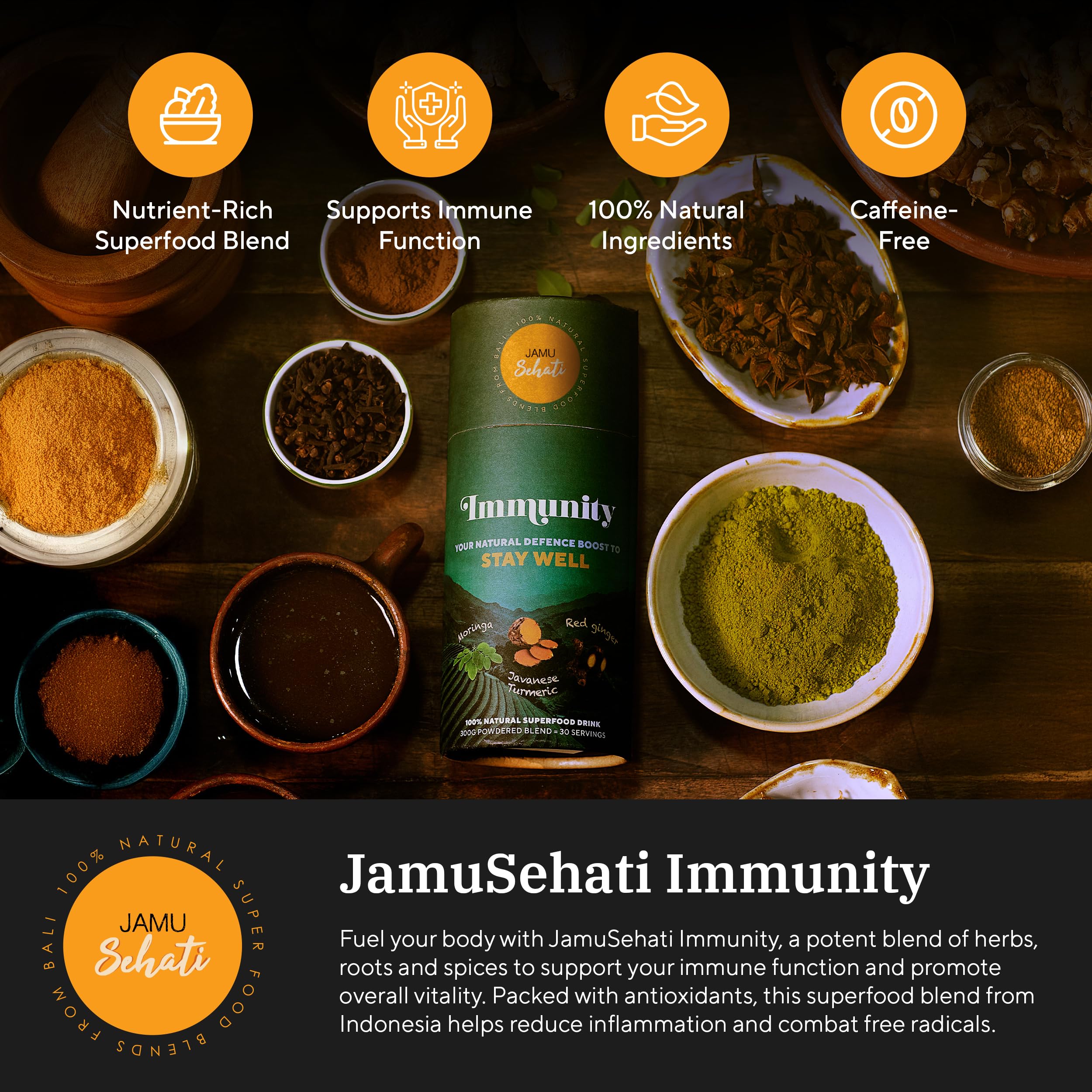JAMUSEHATI Immunity powder mix ideal for smoothies and hot drinks.