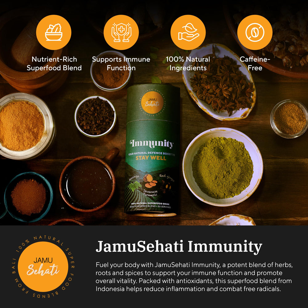 JAMUSEHATI Immunity powder mix ideal for smoothies and hot drinks.
