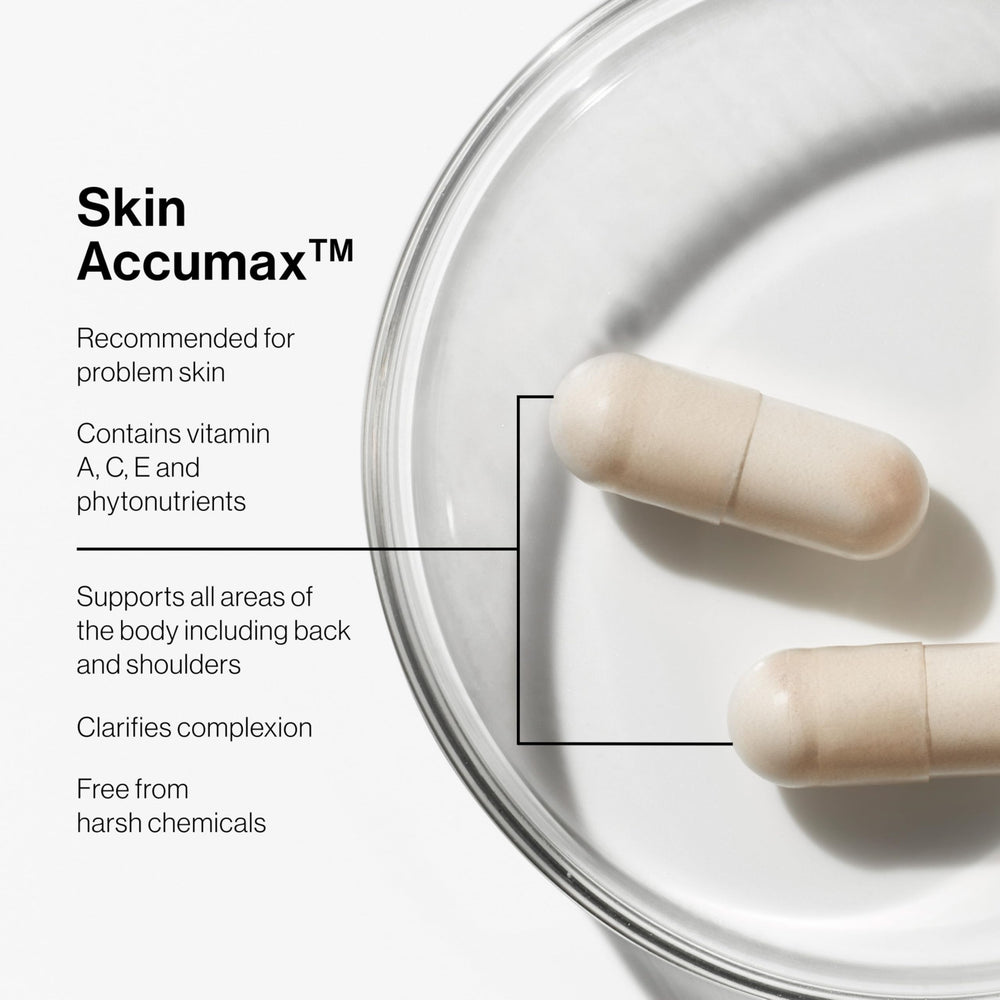 Jane Iredale Skin Accumax daily routine shown with water for intake.