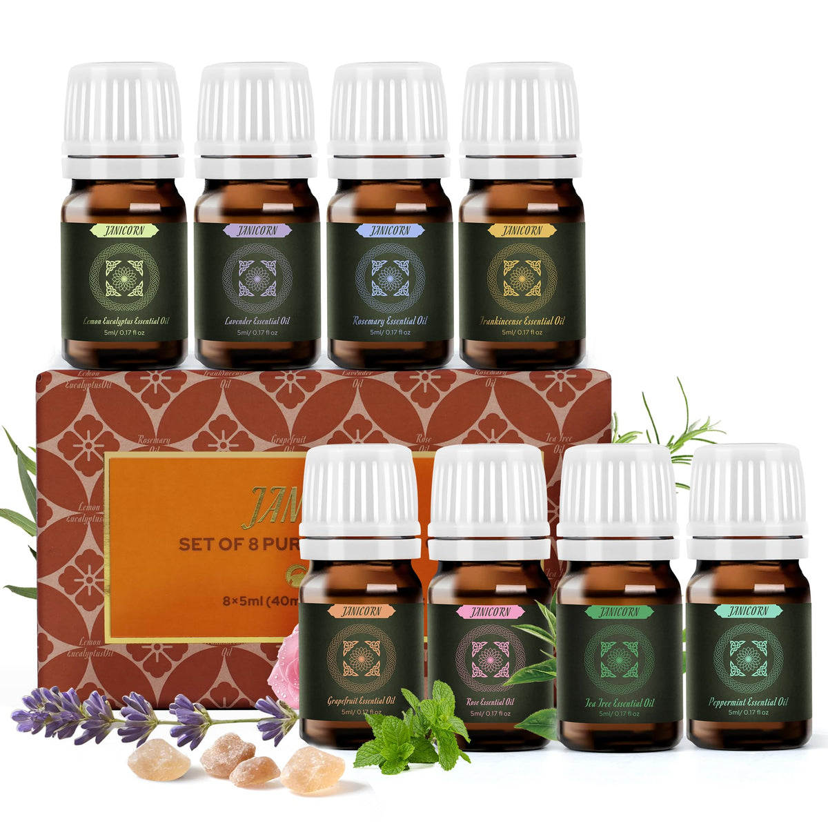 JANICORN Rose essential oil bottle for soothing aromatherapy and personalized blends.