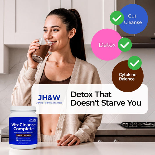 JANNA Health bottle pour demonstrates easy mixing for a convenient daily detox drink.