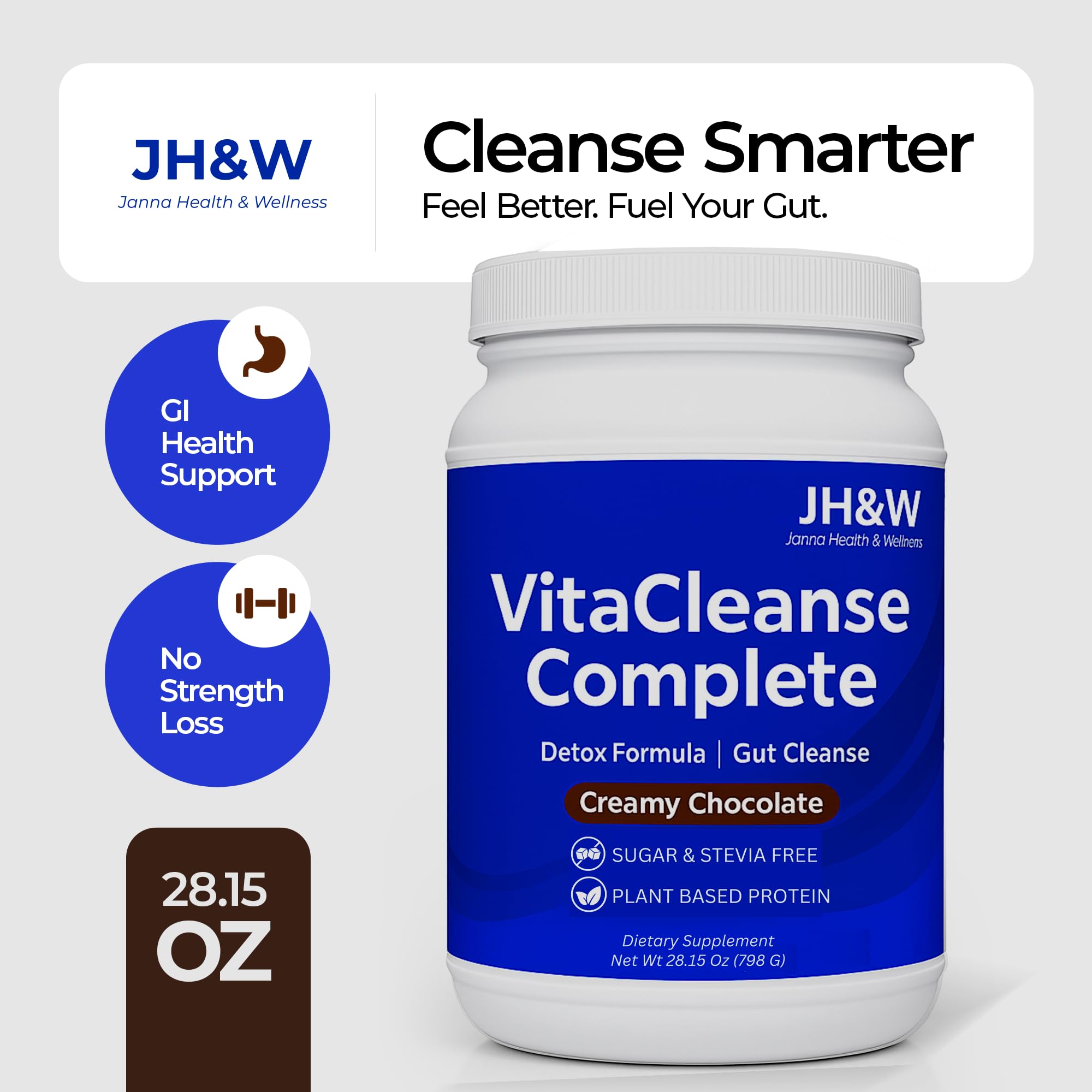 JANNA Health powder in glass shows a smooth chocolate mix ideal for a balanced cleanse.