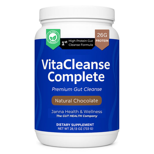 JANNA Health Premium Gut Cleanse bottle shows turmeric and pomegranate for digestive support.