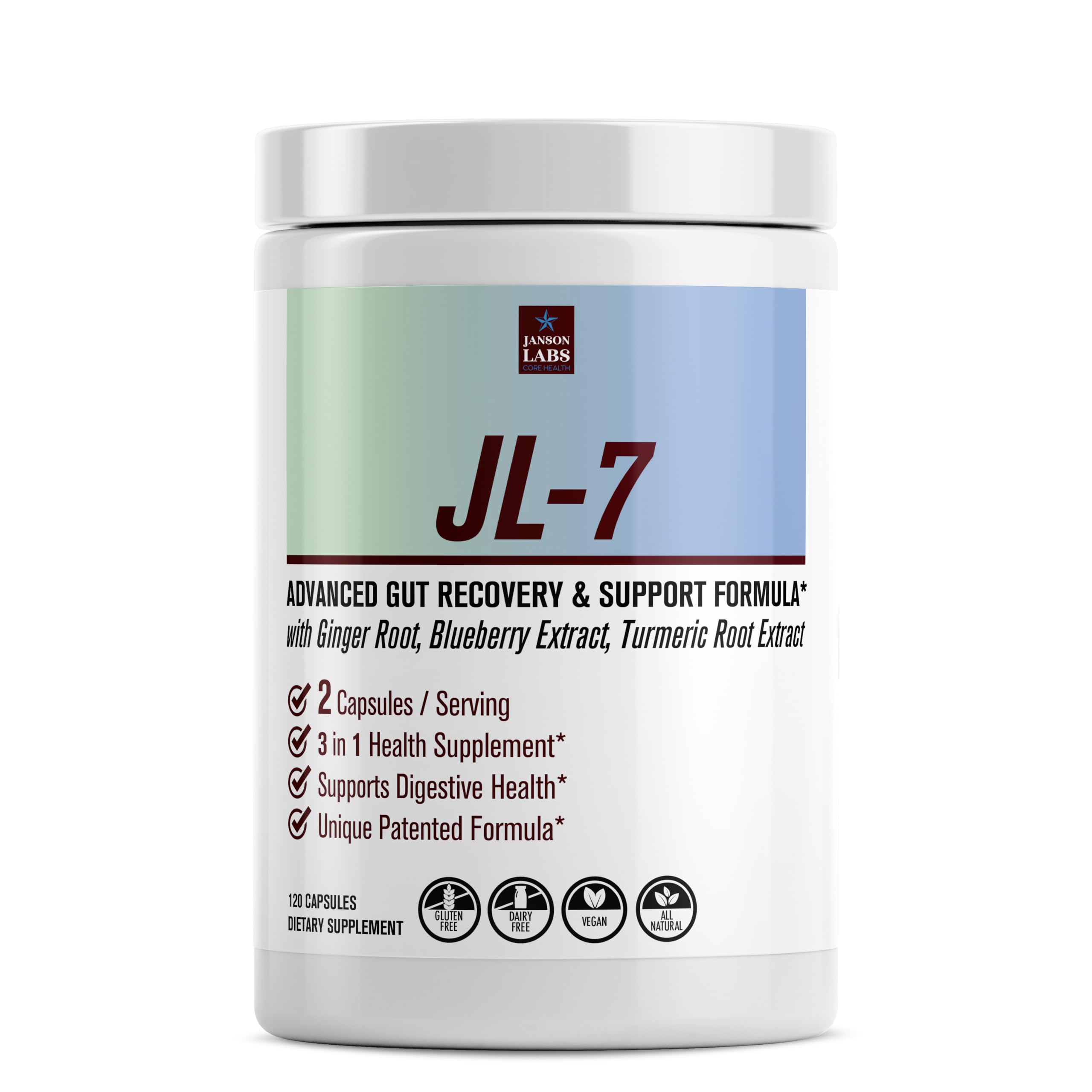 Janson Labs JL-7 bottle front displaying natural gut health focus