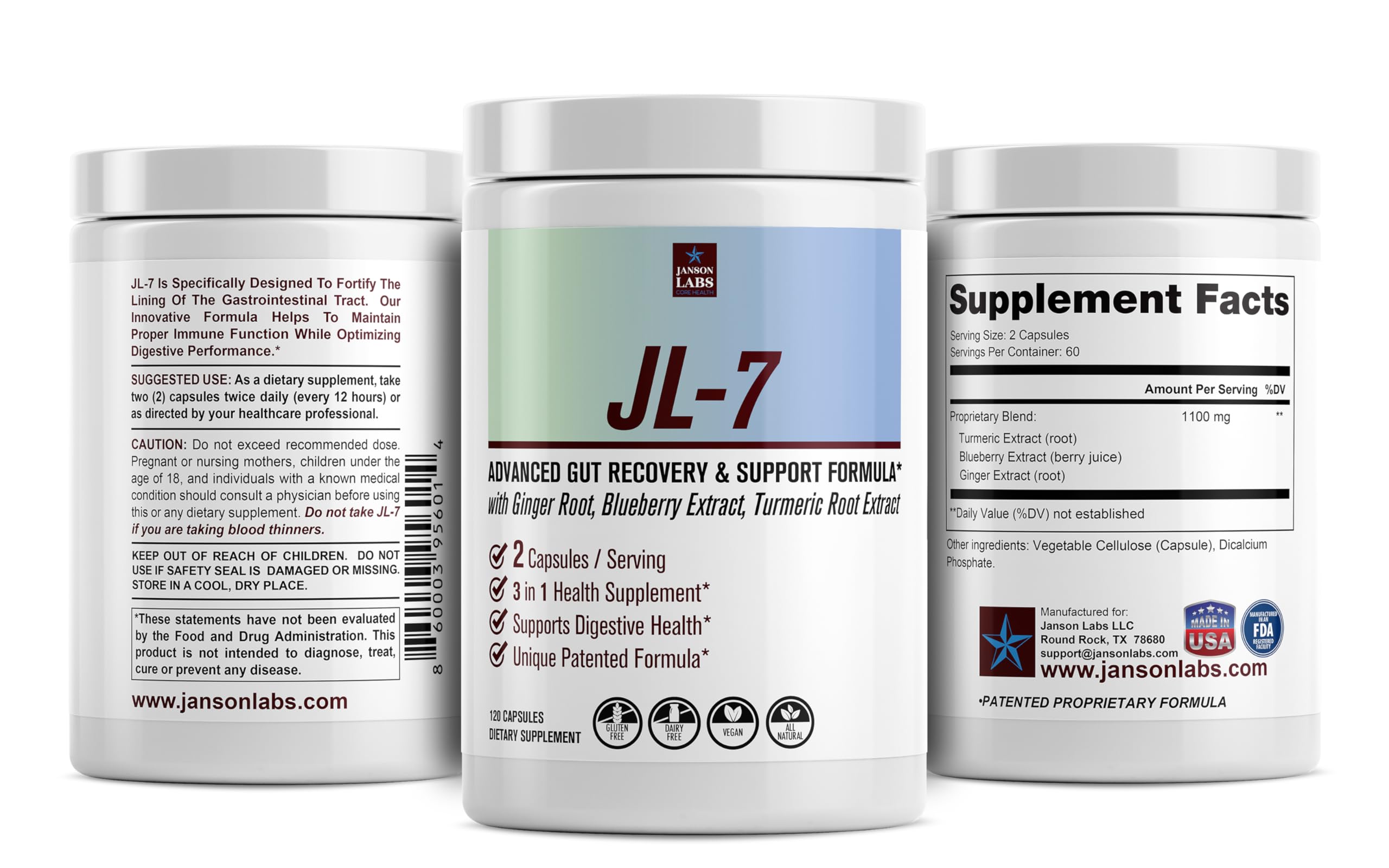 JL-7 label indicates made in USA and dye-free capsule