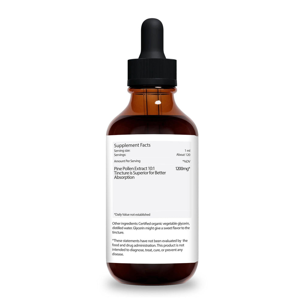 Jantu Pine Pollen bottle in forest setting highlights natural sourcing.