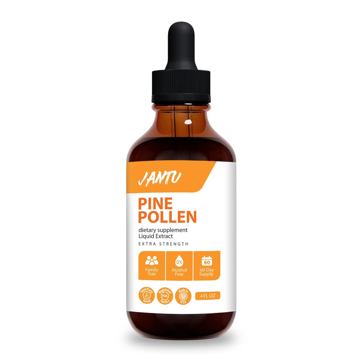 Jantu Pine Pollen Tincture bottle with dropper for everyday wellness support.