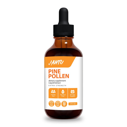 Jantu Pine Pollen Tincture bottle with dropper for everyday wellness support.