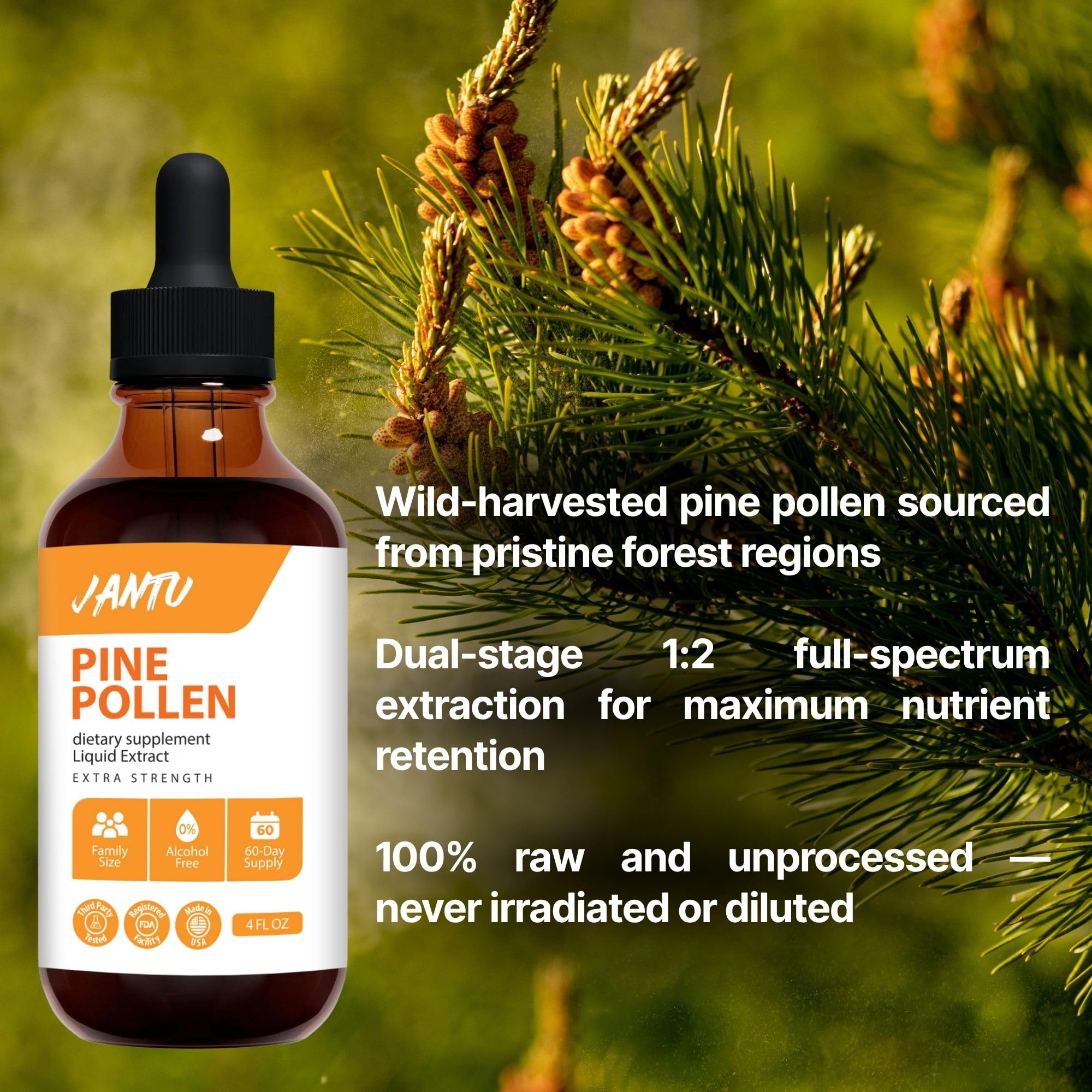 Close-up of Jantu Pine Pollen 10:1 extract label and clarity.