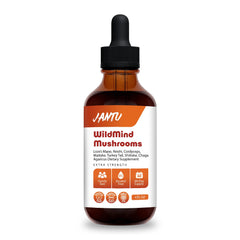 Jantu WildMind bottle front showing organic mushroom tincture for daily focus.