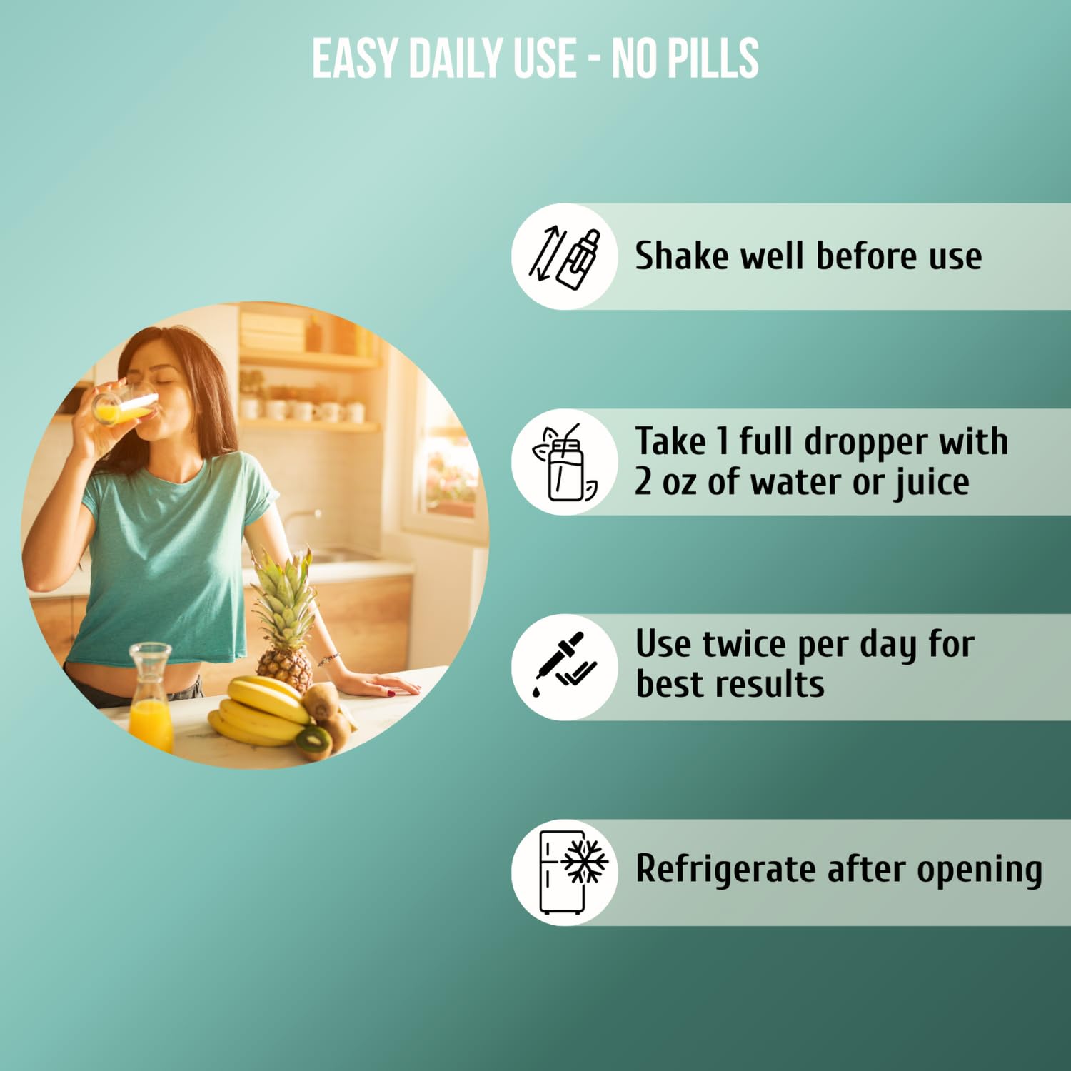 Dosing illustration showing one dropper per day.